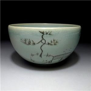 Vintage Japanese Celadon Matcha bowl with Signed Wooden box